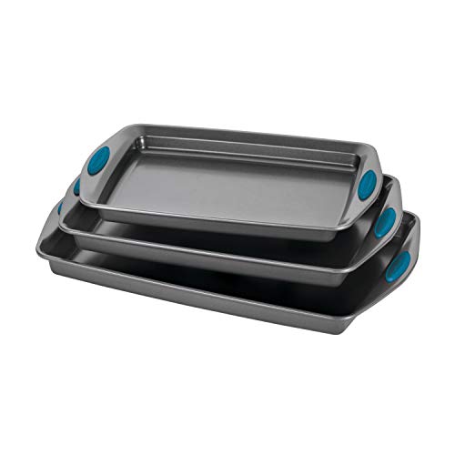 Rachael Ray Bakeware Nonstick Cookie Pan Set, 3-Piece, Gray With Marine Blue Grips