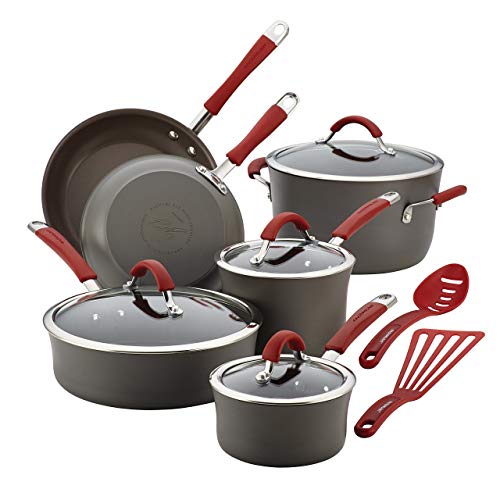 Rachael Ray - 87630 Rachael Ray Cucina Hard Anodized Nonstick Cookware Pots And Pans Set, 12 Piece, Gray With Red Handles