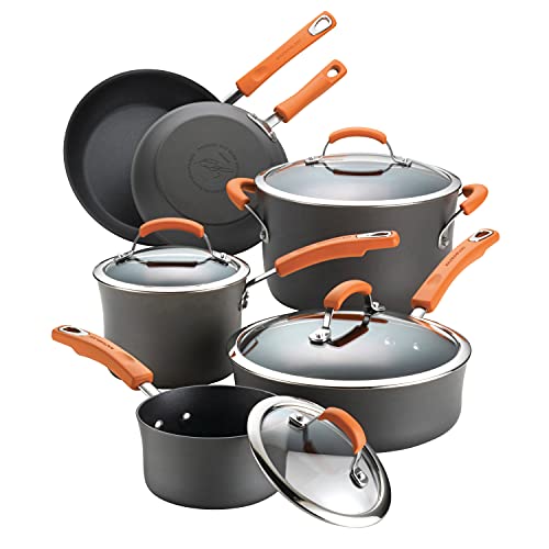 Rachael Ray Brights Hard-Anodized Aluminum Nonstick Cookware Set With Glass Lids, 10-Piece Pot And Pan Set, Gray With Orange Handles