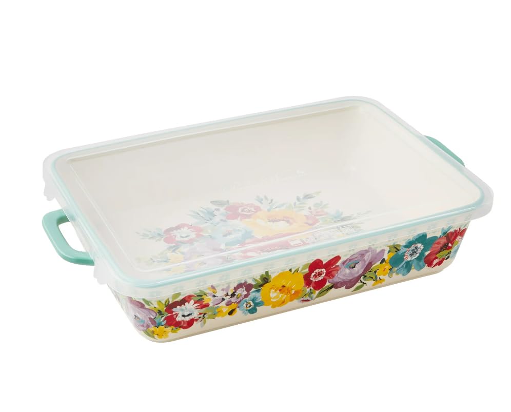 Pioneer Woman Ceramic 9X13 Baker With Lid And 1 Kitchen Towel.