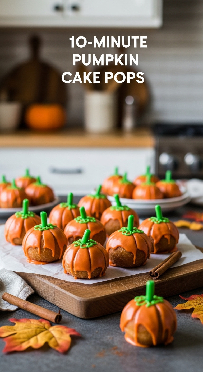 10-Minute Pumpkin Cake Pops Made From Donut Holes With Green Tic Tac Stems On A Rustic Wooden Cutting Board