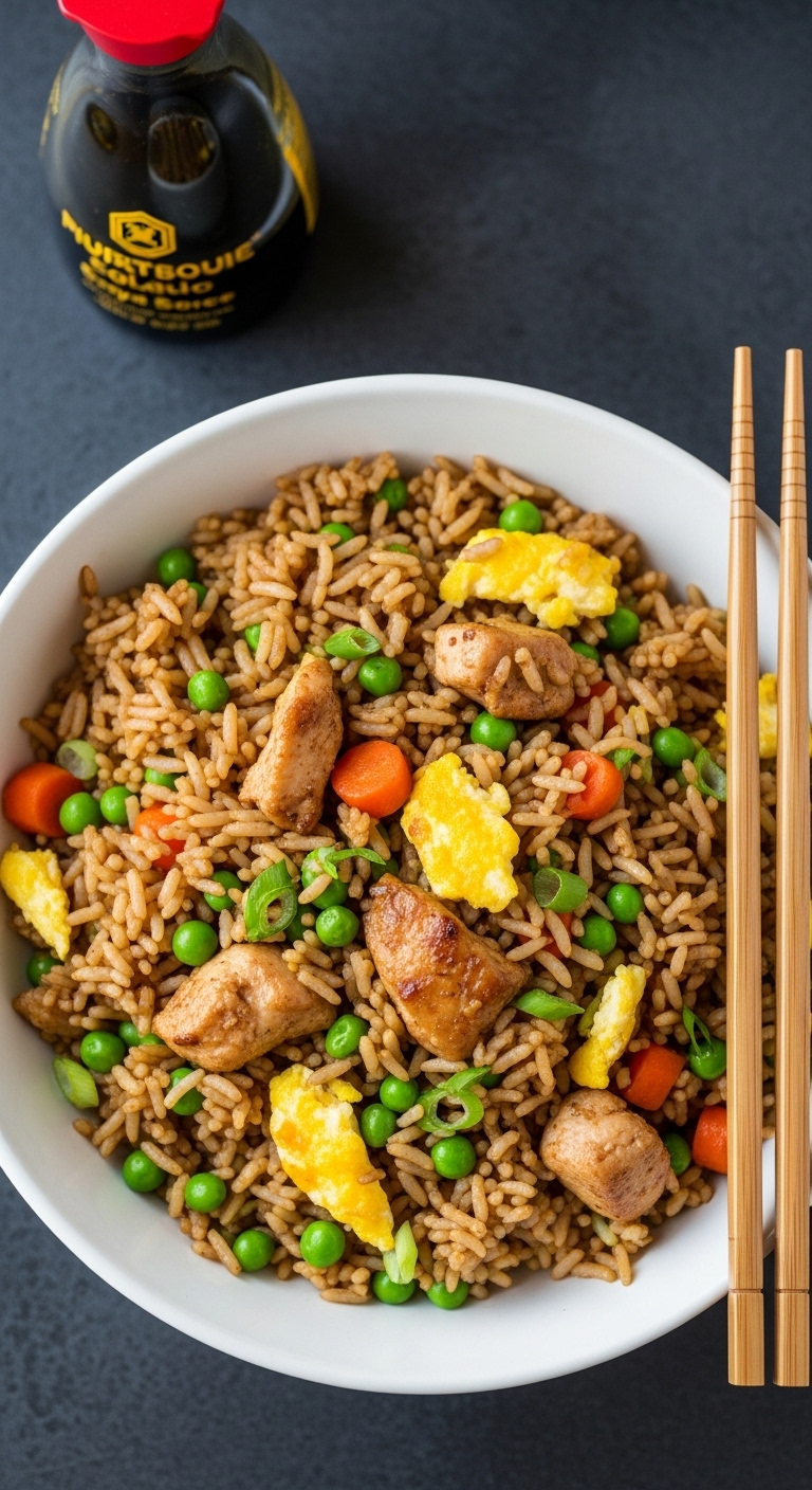 10 Minute Chicken Fried Rice With Chicken Peas Carrots Egg And Chopsticks