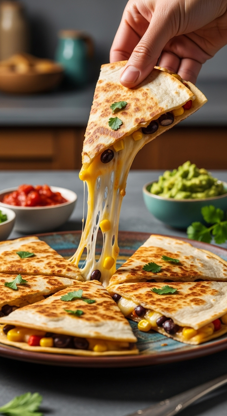 10 Minute Lifesaver Quesadillas With Cheese Pull Black Beans Corn Salsa And Guacamole On Rustic Colorful Plate
