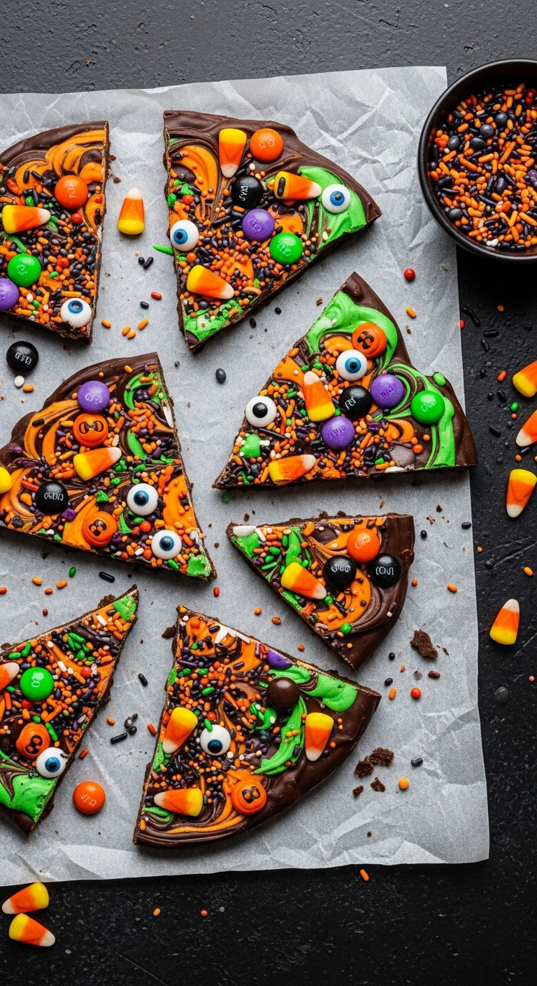 10 Minute Spooky Halloween Bark With Dark Orange Green Candy Melts Candy Corn Eyeballs And Sprinkles On Parchment Paper