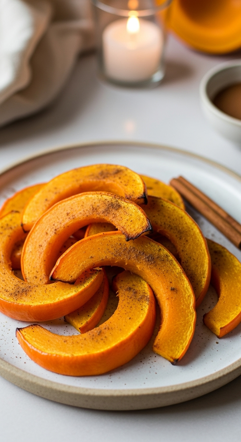 A Beautifully Arranged Pile Of Cinnamon-Spiced Roasted Kabocha Squash Crescents On A Handmade Ceramic Plate, Dusted With Cinnamon And Garnished With A Cinnamon Stick, Capturing A Warm, Cozy Autumnal Vibe.