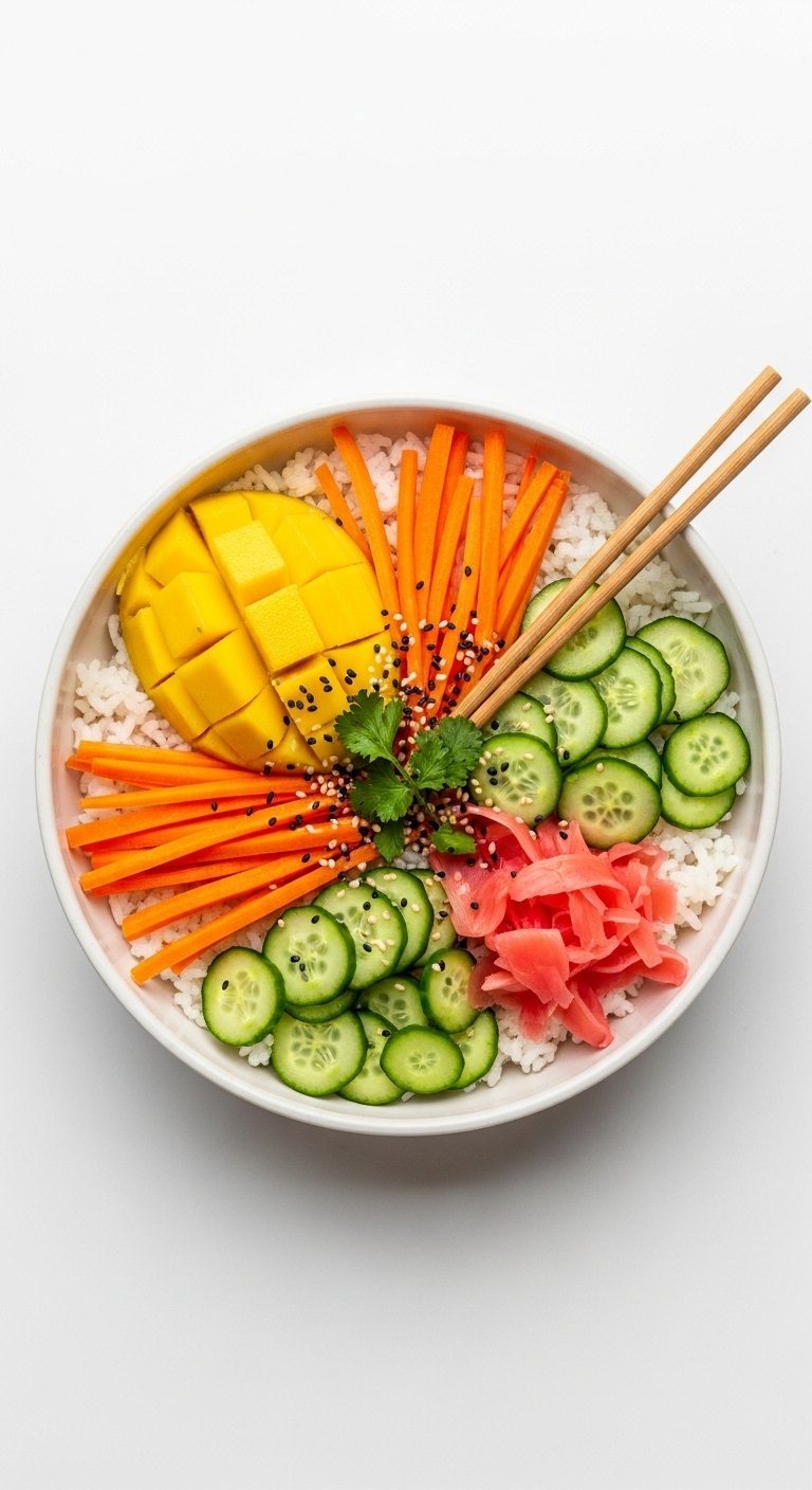 A Vibrant Top-Down Shot Of A Buddha Bowl With Sunny Yellow-Orange Mango, Bright Orange Carrot, Cool Green Cucumber, Pinkish Pickled Ginger, And Rice, All Neatly Arranged In Distinct Sections For A Visually Stunning And Balanced Pattern.