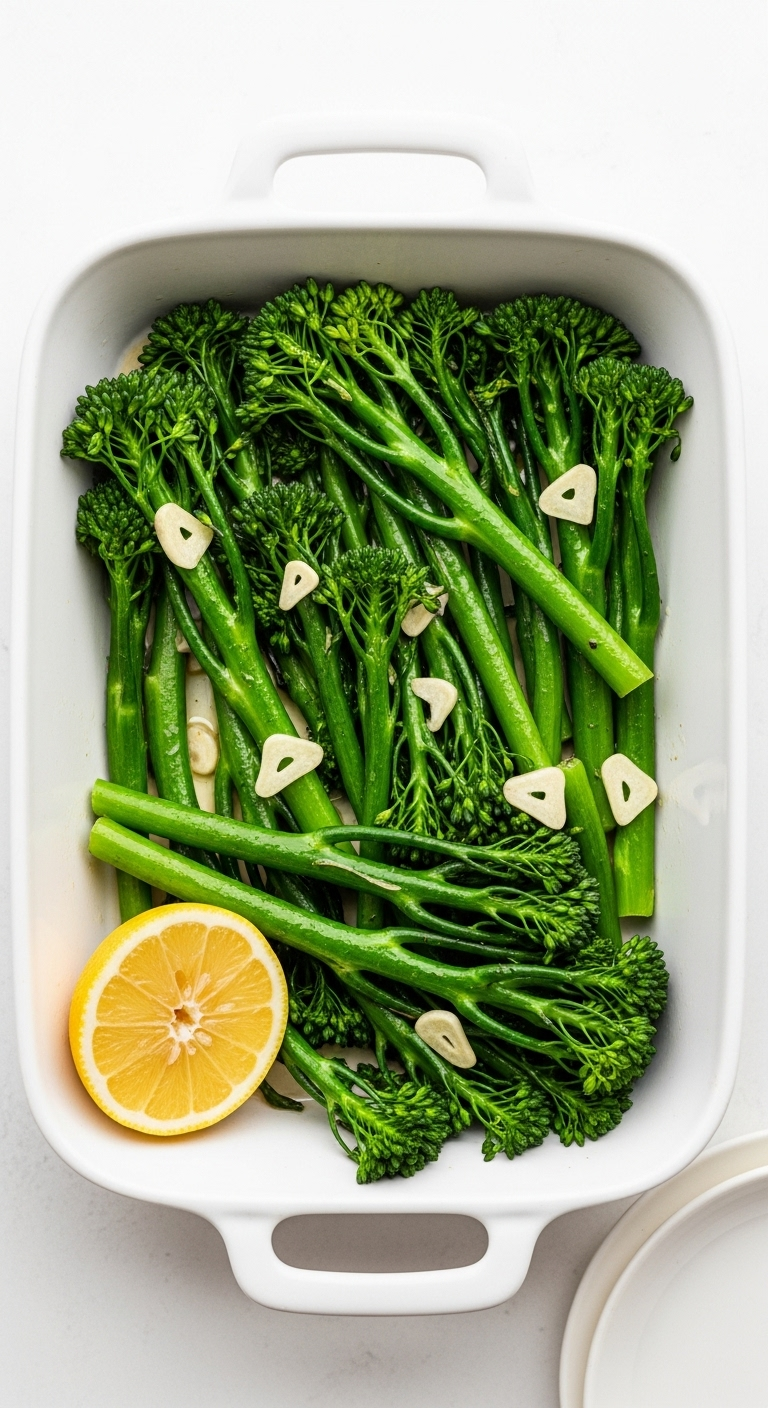 An Overhead Shot Of Sautéed Broccolini With Fresh Garlic Slices And A Lemon Wedge In A White Ceramic Dish, Showcasing Vibrant Green Color And A Clean, Minimalist Presentation.
