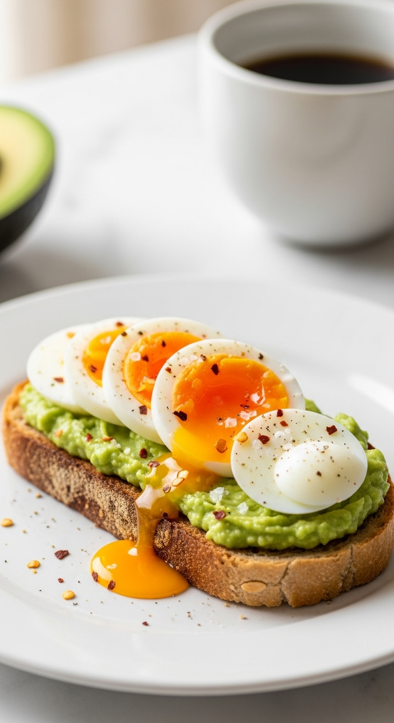 A Slice Of Artisan Avocado Toast Topped With Hard-Boiled Egg Slices, Vibrant Yolk, Sea Salt, And Red Pepper Flakes, With A Cup Of Coffee Softly Out Of Focus In The Background, Captured In Bright, Morning Light.