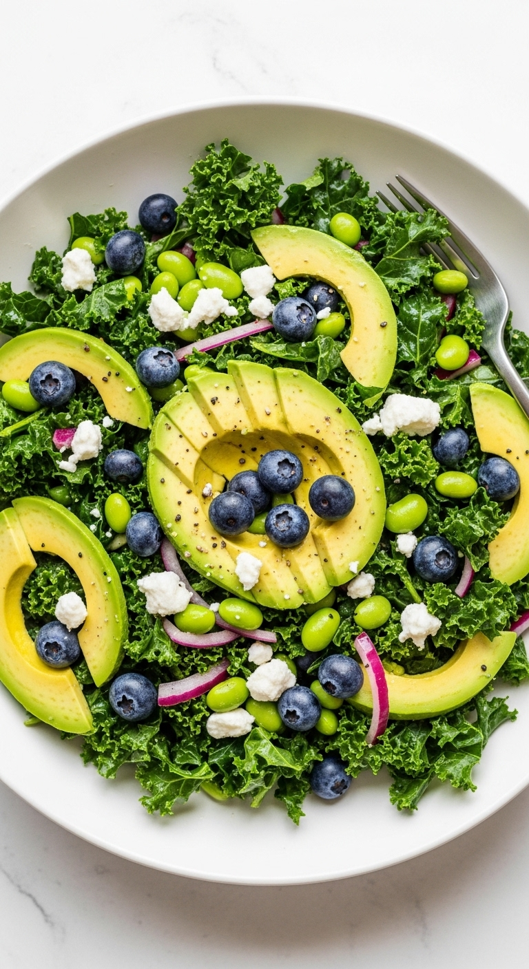 A Top-Down Shot Of A Kale And Avocado Salad With Edamame, Blueberries, And Goat Cheese In A Wide, Shallow White Bowl, Showcasing Vibrant Colors And Textures With A Fork Resting On The Edge.