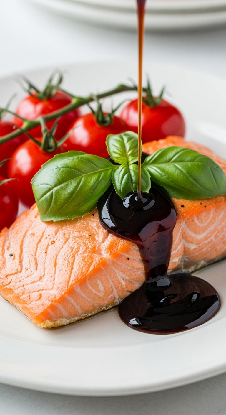 A Close-Up Shot Of Roasted Salmon With Burst Cherry Tomatoes, Drizzled With Balsamic Glaze, And Topped With Fresh Basil Leaves, Showcasing A Vibrant And Elegant Meal.