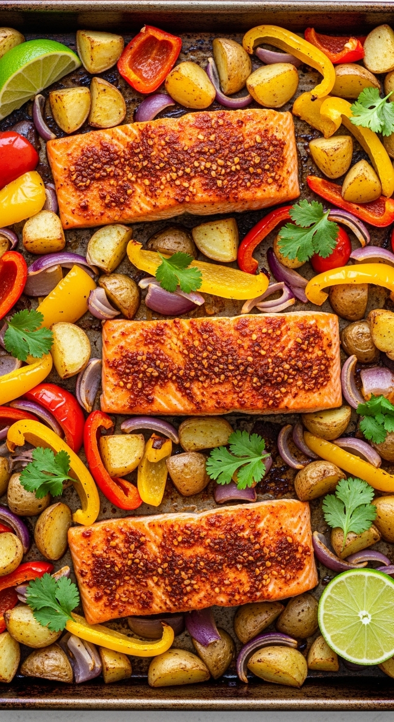 A Top-Down Shot Of A Sheet Pan Filled With Chili-Lime Salmon, Roasted Vegetables Including Bell Peppers And Golden Potatoes, Garnished With Cilantro And A Lime Wedge, Showcasing Vibrant, Zesty Colors.