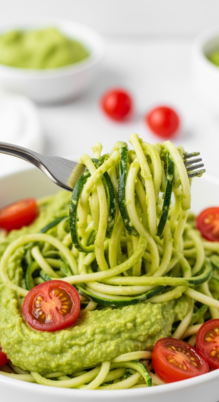A Close-Up Shot Of Zucchini Noodles Coated In Creamy Avocado Pesto, Twirled On A Fork, With Halved Cherry Tomatoes Scattered Throughout In A Minimalist White Bowl.