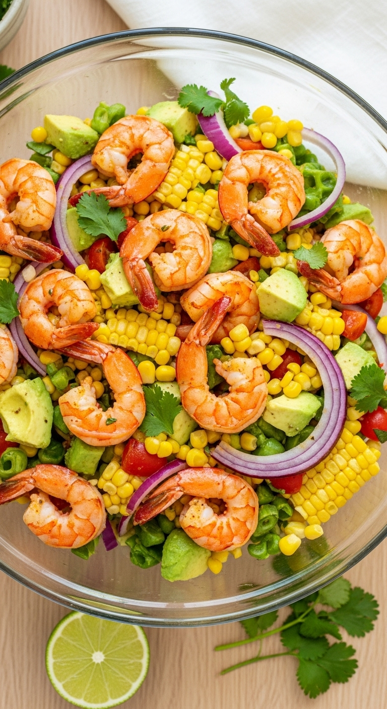 A Top-Down Shot Of A Vibrant Blackened Shrimp And Corn Salad In A Glass Bowl, Featuring Colorful Ingredients Like Shrimp, Corn, Avocado, Red Onion, And Garnished With A Lime Wedge And Cilantro On A Light Wooden Surface.