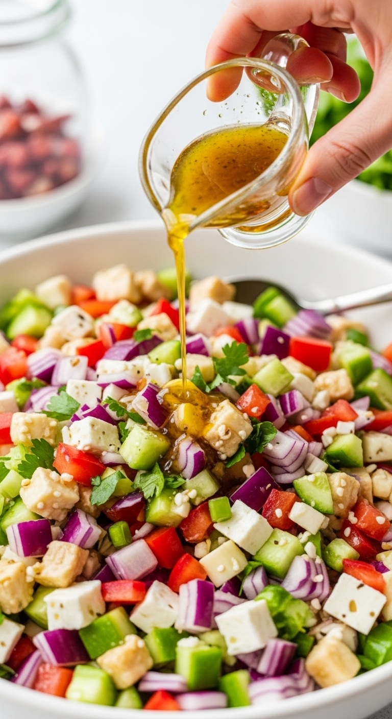 A Close-Up Shot Of A Vibrant Mediterranean Chopped Salad In A Bowl, Featuring Finely Diced Green, Red, White, Purple, And Beige Ingredients, With A Hand Drizzling Vinaigrette Over The Top From A Small Glass Cruet.