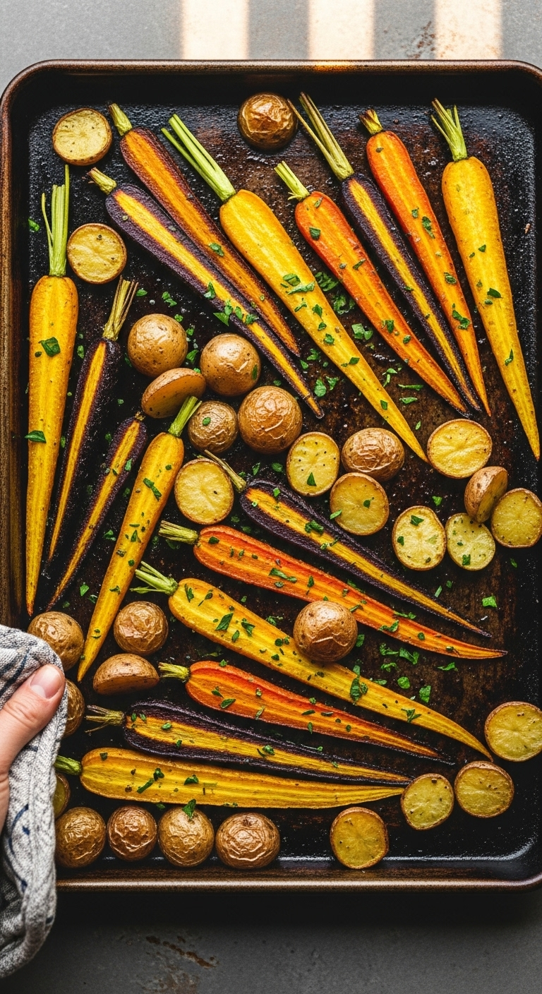 A Close-Up Top-Down Shot Of A Rustic Sheet Pan Filled With Caramelized Rainbow Carrots And Halved Baby Potatoes, Garnished With Fresh Parsley, And Held By A Hand With An Oven Mitt, Showcasing Earthy, Golden Hour Textures.