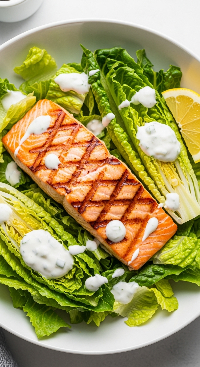 A Vibrant, Fresh Salmon Caesar Salad With A Grilled Salmon Fillet, Crisp Romaine Lettuce, Creamy Greek Yogurt Dressing, And A Lemon Wedge, Captured In Natural Daylight.