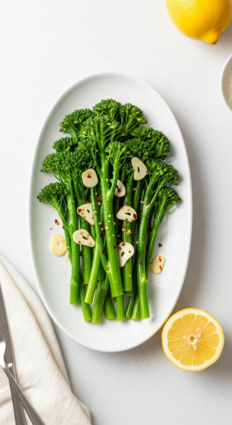 A Minimalist White Platter Of Sautéed Broccolini With Golden Garlic Slices, Red Pepper Flakes, And A Lemon Half, Creating A Fresh, Vibrant, And Simple Dish.