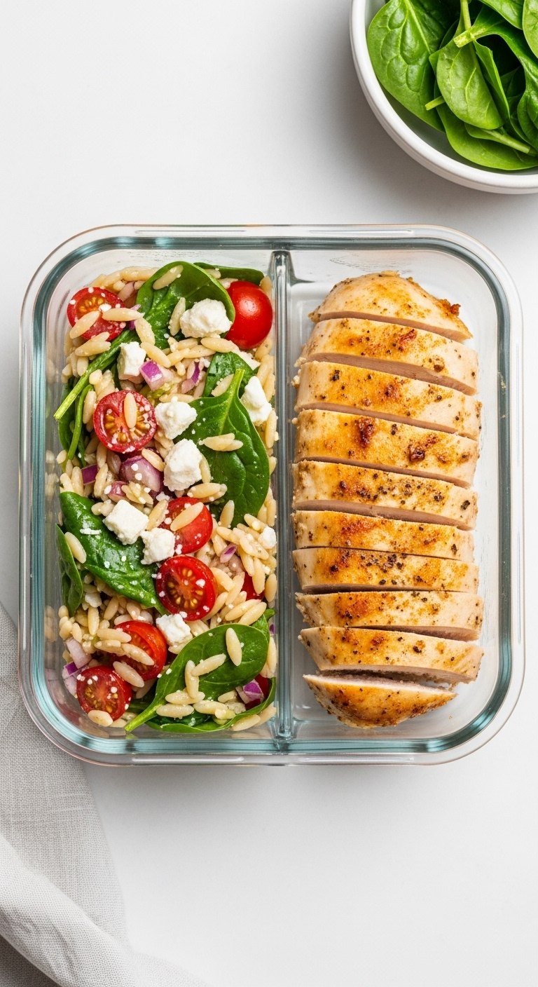 A Glass Meal Prep Container Filled With Colorful Spinach And Tomato Orzo Salad On One Side And Perfectly Sliced Baked Chicken Breast On The Other, Set In Bright, Fresh Natural Light.