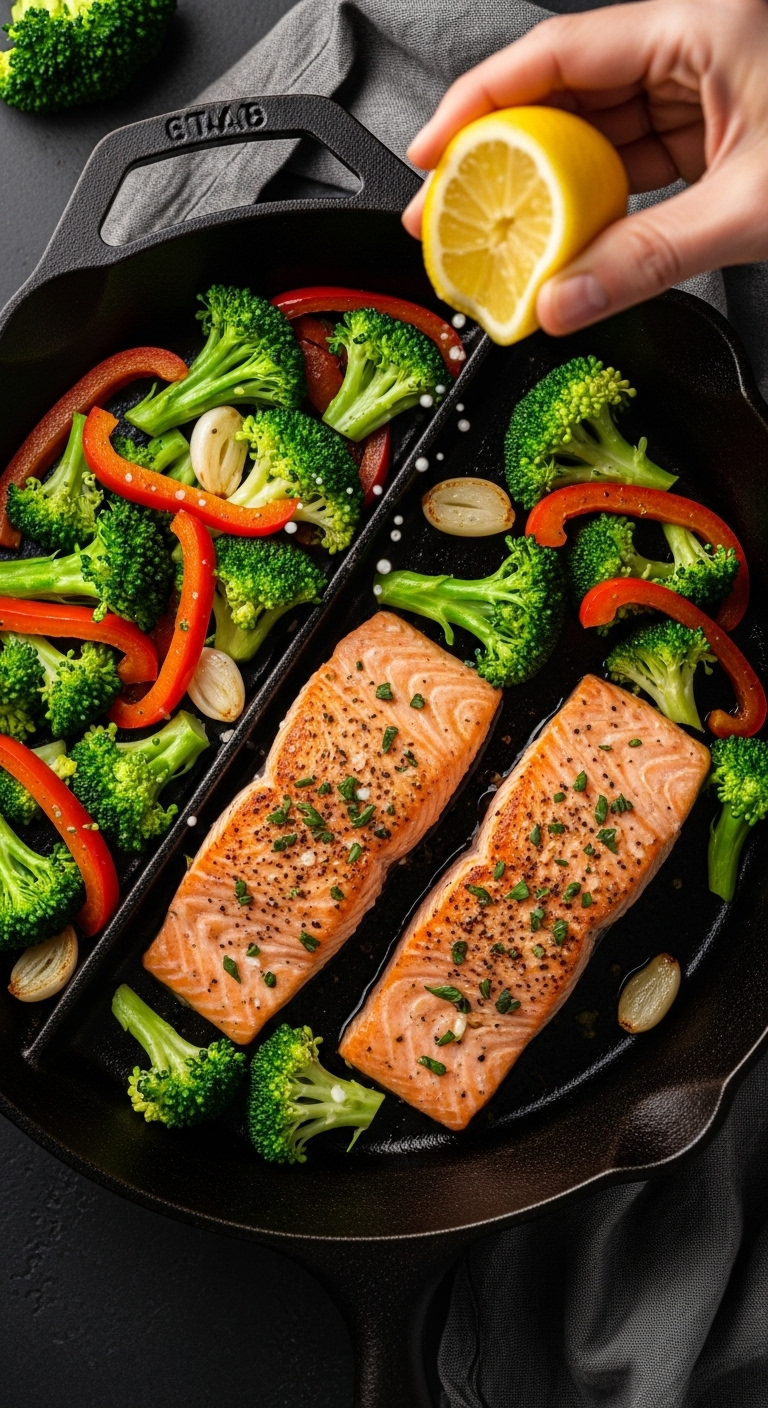 A Black Cast-Iron Skillet With Perfectly Cooked Salmon Fillets And Garlicky Broccoli And Red Bell Pepper, With A Hand Squeezing Lemon Over The Dish, Set In Warm, Focused Lighting.