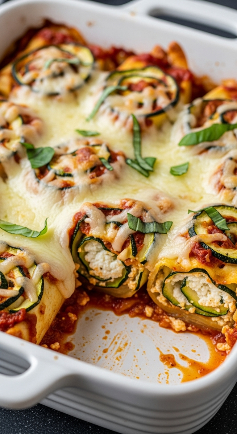 A White Ceramic Casserole Dish Filled With Zucchini Lasagna Rolls, Topped With Golden Brown Cheese And Fresh Basil, With One Roll Removed To Reveal The Layers Of Zucchini And Ricotta Filling.