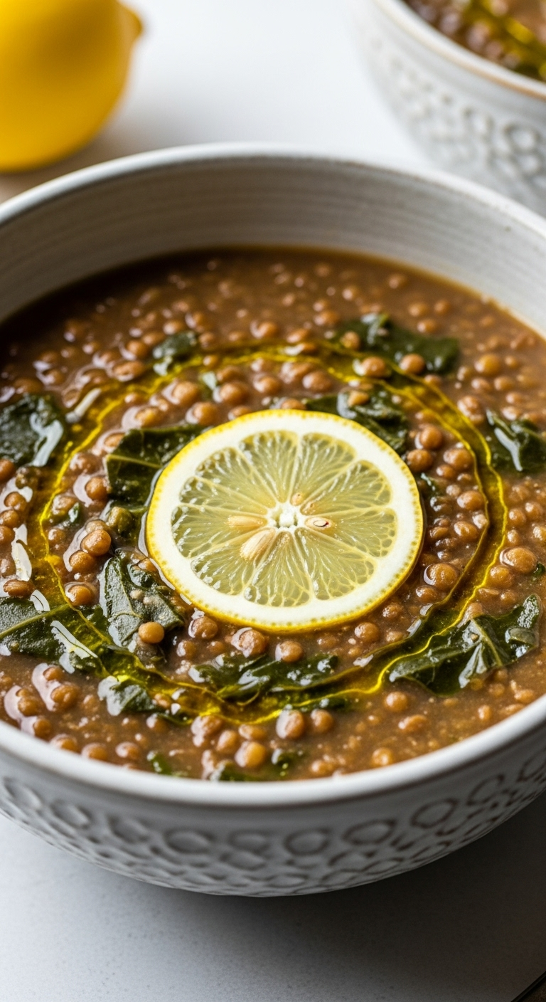 A Textured Ceramic Bowl Filled With Hearty Lentil And Collard Green Soup, Topped With A Swirl Of Olive Oil And A Bright Yellow Lemon Wheel Garnish.