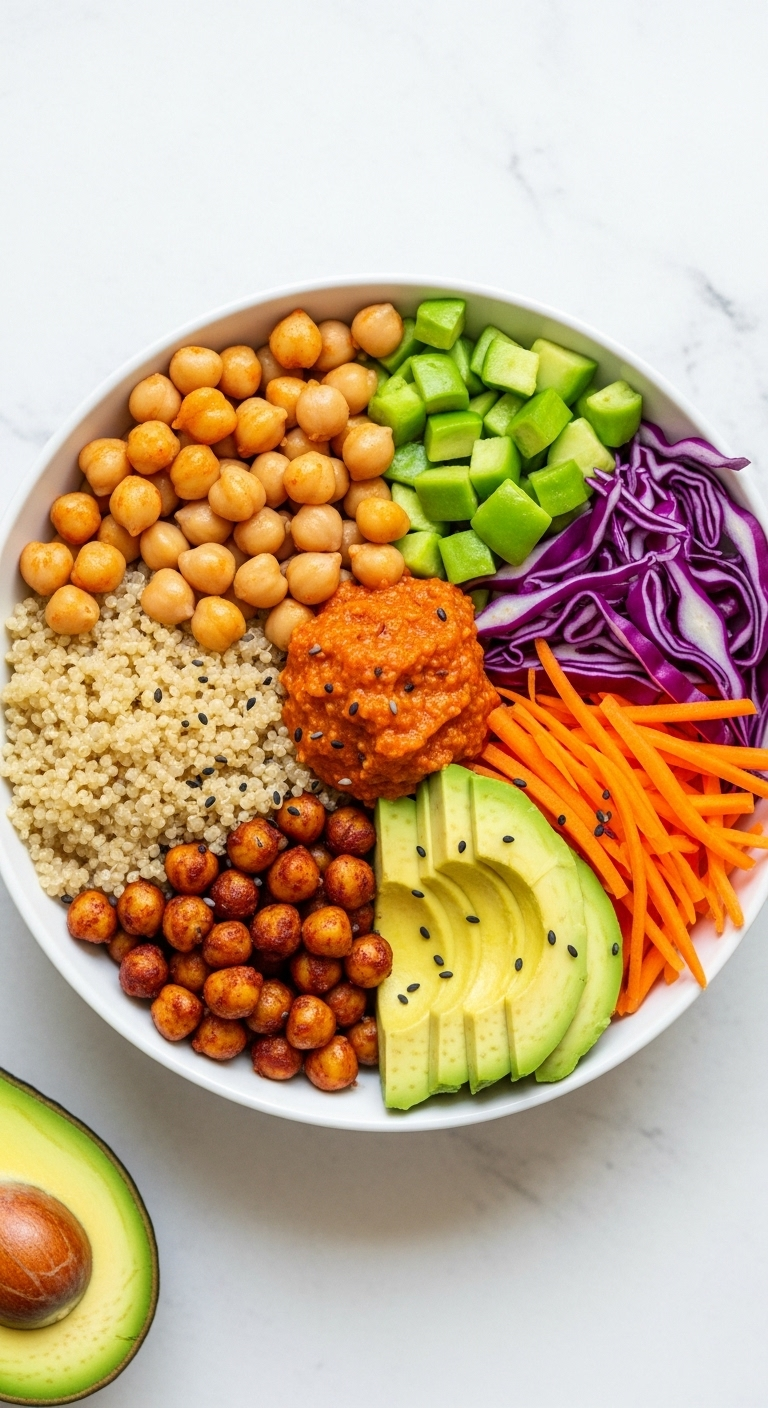 A Vibrant Top-Down Shot Of A Quinoa Bowl Filled With Orange-Red Chickpeas, Green Avocado, Orange Carrots, Purple Cabbage, And White Quinoa, Arranged In Neat Sections For A Visually Stunning And Appetizing Look.