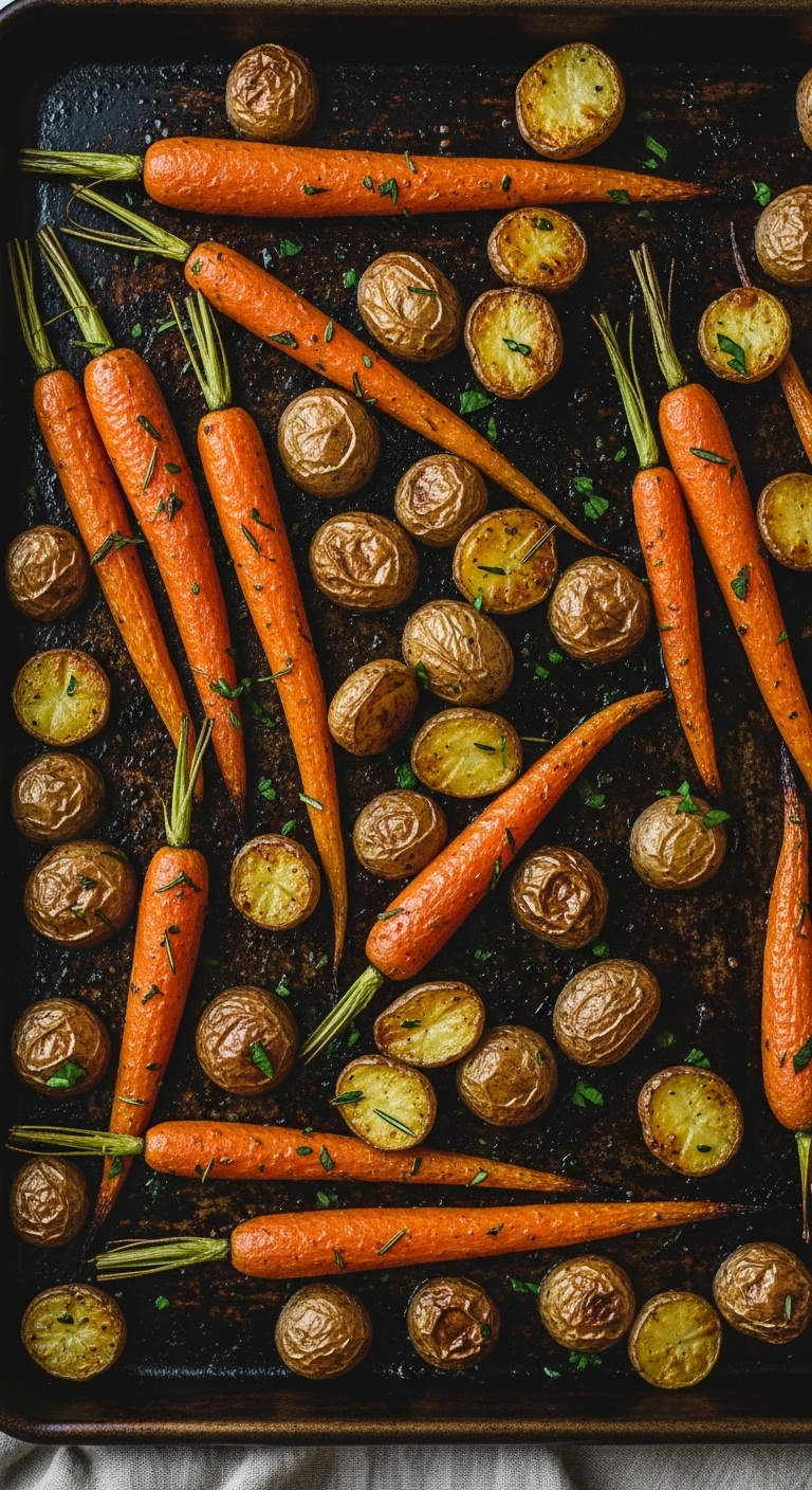 A Warm, Rustic Shot Of Roasted Carrots And Baby Potatoes On A Sheet Pan, With Golden-Brown Textures And A Sprinkle Of Fresh Herbs, Captured In Soft, Golden-Hour Lighting.