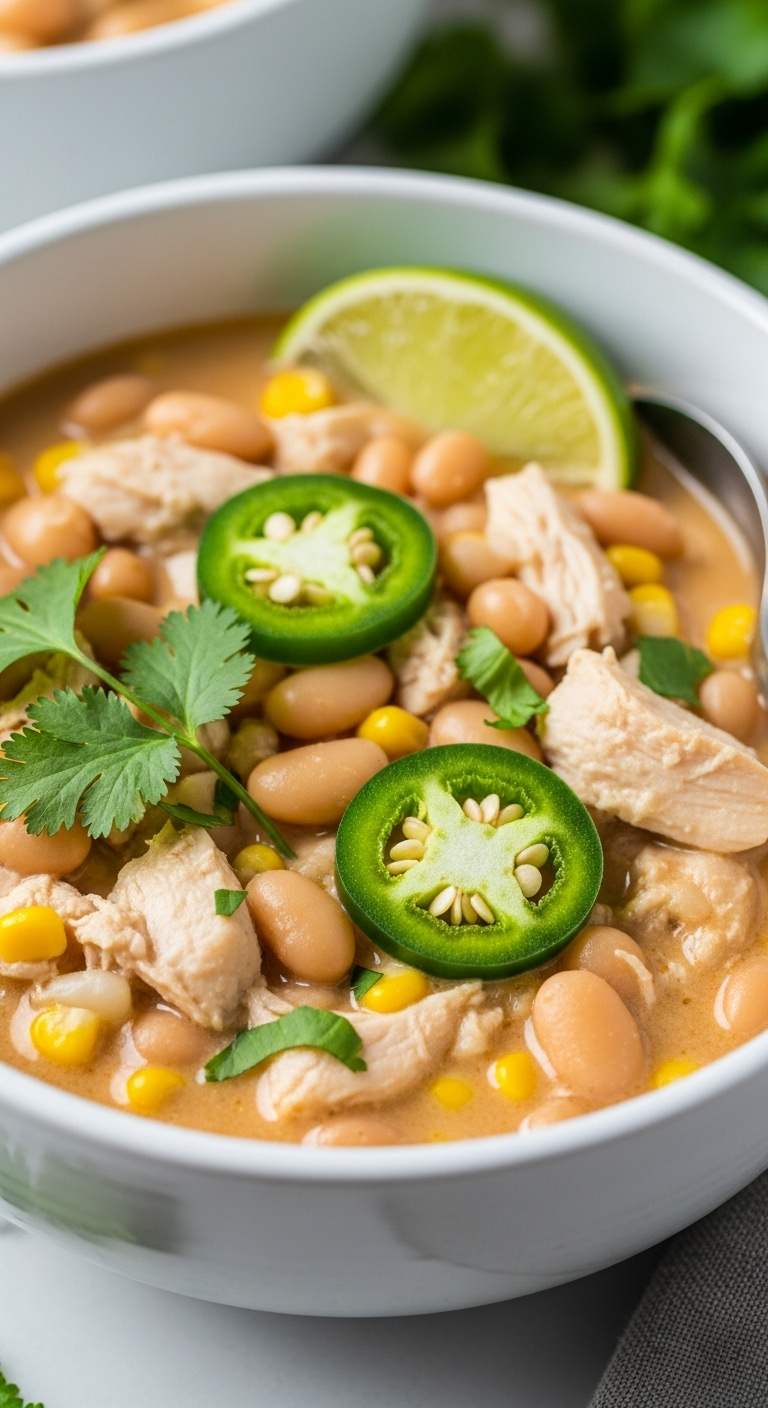 Creamy White Bean Chicken Chili In A Ceramic Bowl Garnished With Cilantro, Jalapeño Slices, Corn Kernels, And A Lime Wedge, Set Against A Warm And Cozy Background For A Comforting Healthy Fall Weeknight Dinner.