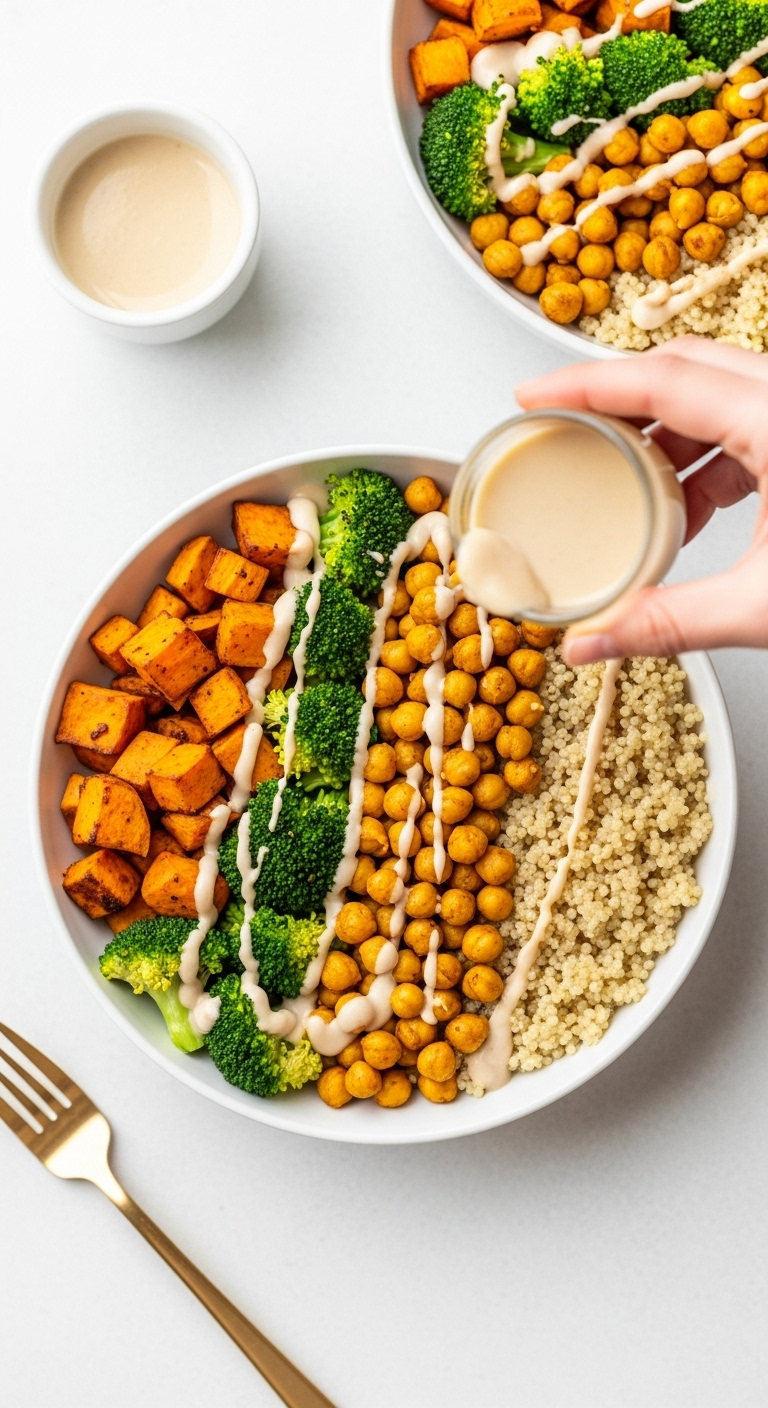 Vibrant Vegan Turmeric Quinoa Power Bowl With Roasted Sweet Potatoes, Broccoli, Turmeric Chickpeas, And Tahini Drizzle In A White Bowl, Captured In Bright Natural Light For A Healthy And Colorful Fall Weeknight Meal.