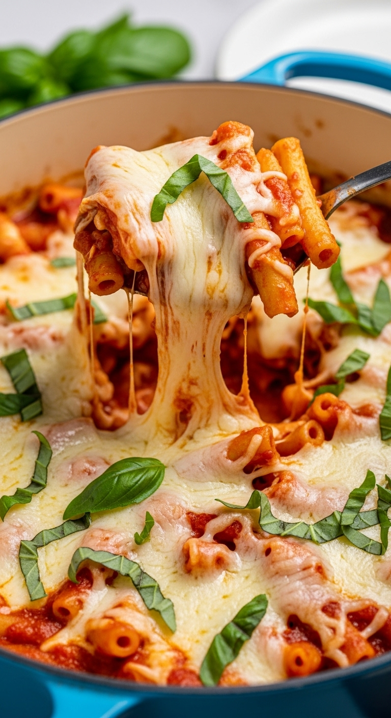 Cheesy One-Pot Basil Chicken Baked Ziti In A Dutch Oven With Rich Red Sauce And Fresh Basil, Featuring A Gooey Cheese Pull, Perfect For A Warm And Comforting Family Dinner.