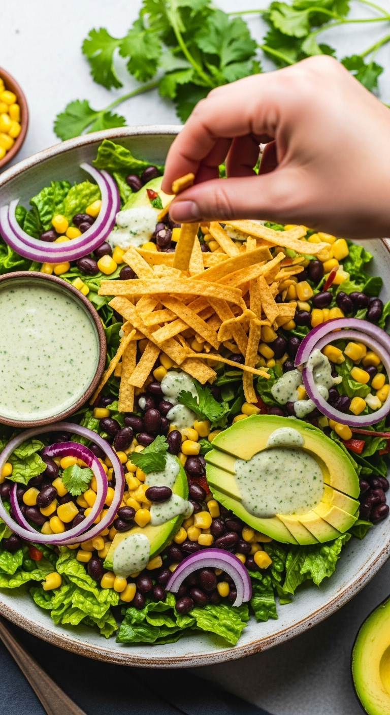 Healthy Taco Salad With Black Beans, Corn, Avocado, And Red Onion In A Rustic Bowl, As A Hand Sprinkles Crispy Tortilla Strips On Top, With Vibrant Colors And A Side Of Cilantro Lime Dressing Under Bright, Energetic Lighting.