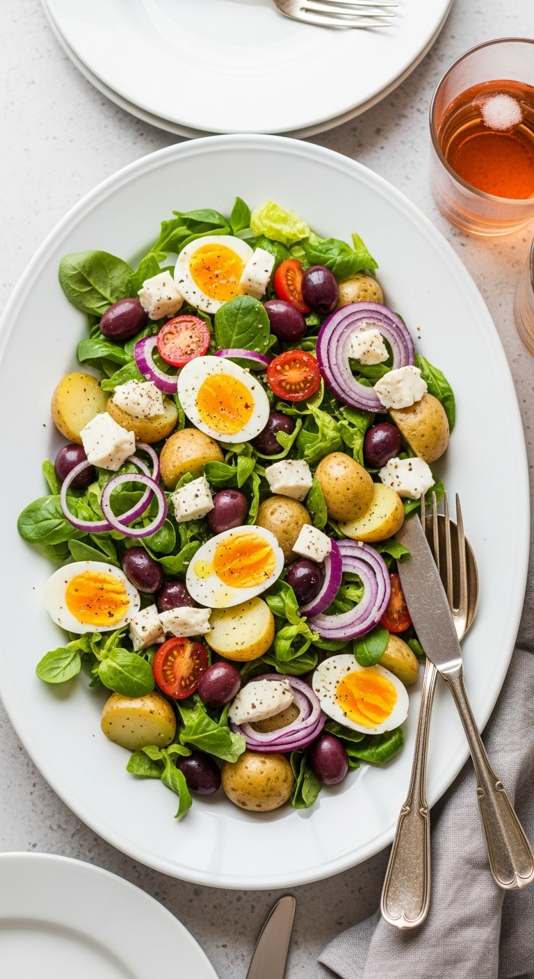 Overhead Shot Of An Elegant Deconstructed Niçoise Salad With Greens, Potatoes, Eggs, Tuna, And Niçoise Olives Artfully Arranged On A White Platter, With A Glass Of Rosé Wine In Soft Natural Light Evoking A Chic French Bistro Vibe.