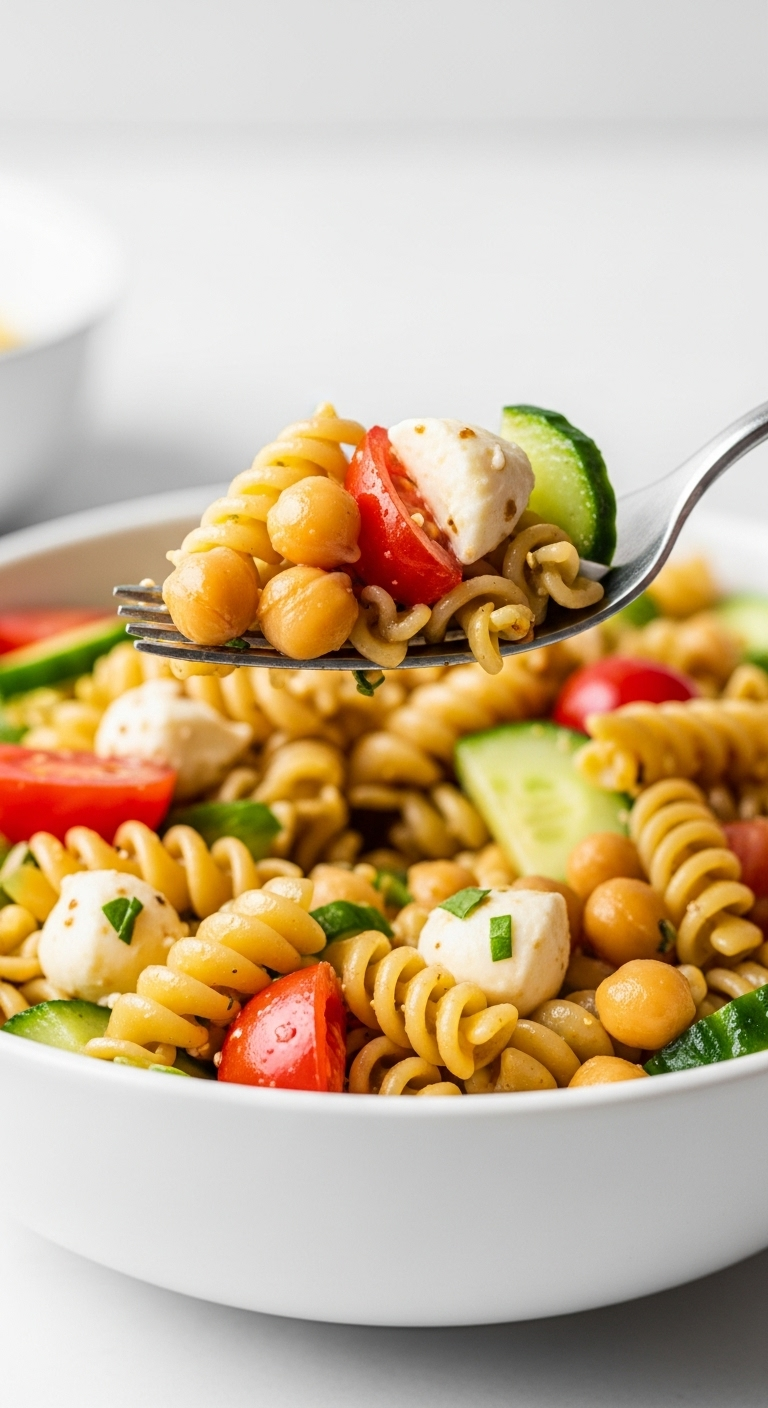 Fork Lifting A Bite Of High-Protein Chickpea Pasta Salad With Rotini, Tomatoes, Cucumber, Mozzarella, And Chickpeas From A White Bowl, Captured In Soft Natural Light With A Clean, Minimal Background.
