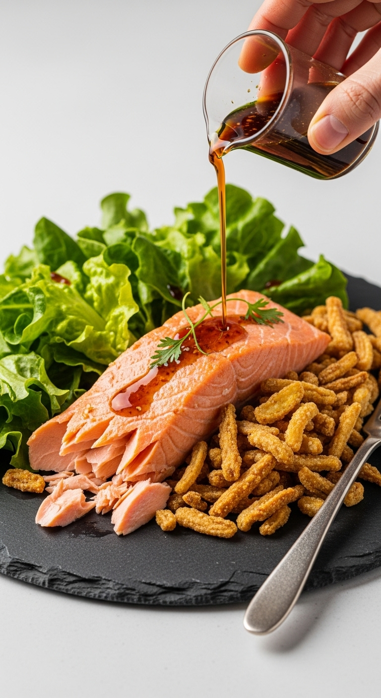 Soy-Ginger Glazed Salmon Salad On A Dark Slate Plate With Crispy Golden Beans And Fresh Green Lettuce, As A Small Carafe Drizzles Dressing Over The Flaky Pink Salmon Under Bright, Elegant Lighting.