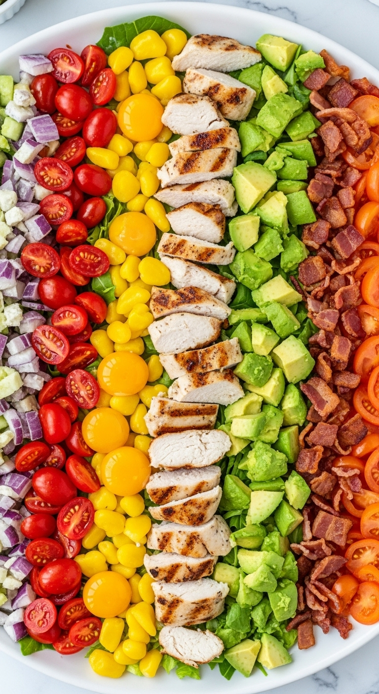 Overhead Flat Lay Of A Classic Cobb Salad With Neat Rows Of Grilled Chicken, Egg Yolk, Tomatoes, Avocado, And Crispy Bacon On A Large White Platter, Styled With Bright, Clean Lighting For A Nostalgic American Diner Feel.