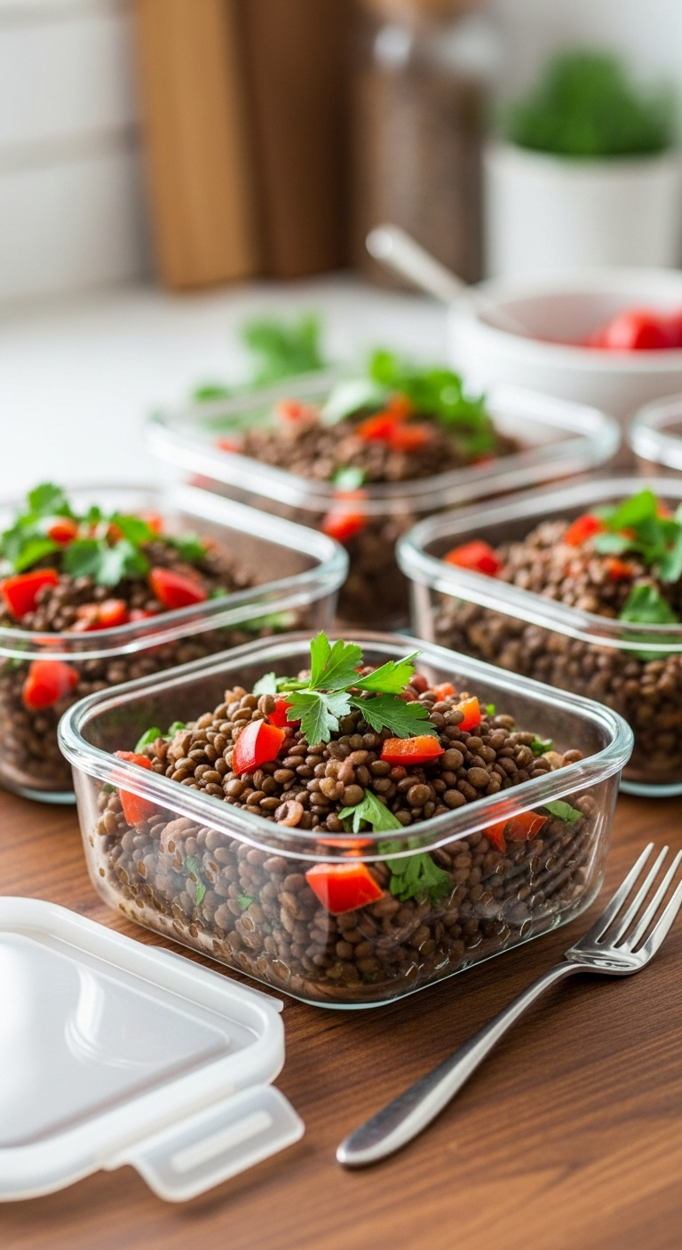 Meal-Prep Containers Filled With Hearty Lentil Salad Featuring Brown Lentils, Red Pepper, And Parsley, Arranged On A Rustic Wooden Countertop With One Open Container And A Fork Ready To Eat Under Soft, Natural Lighting.