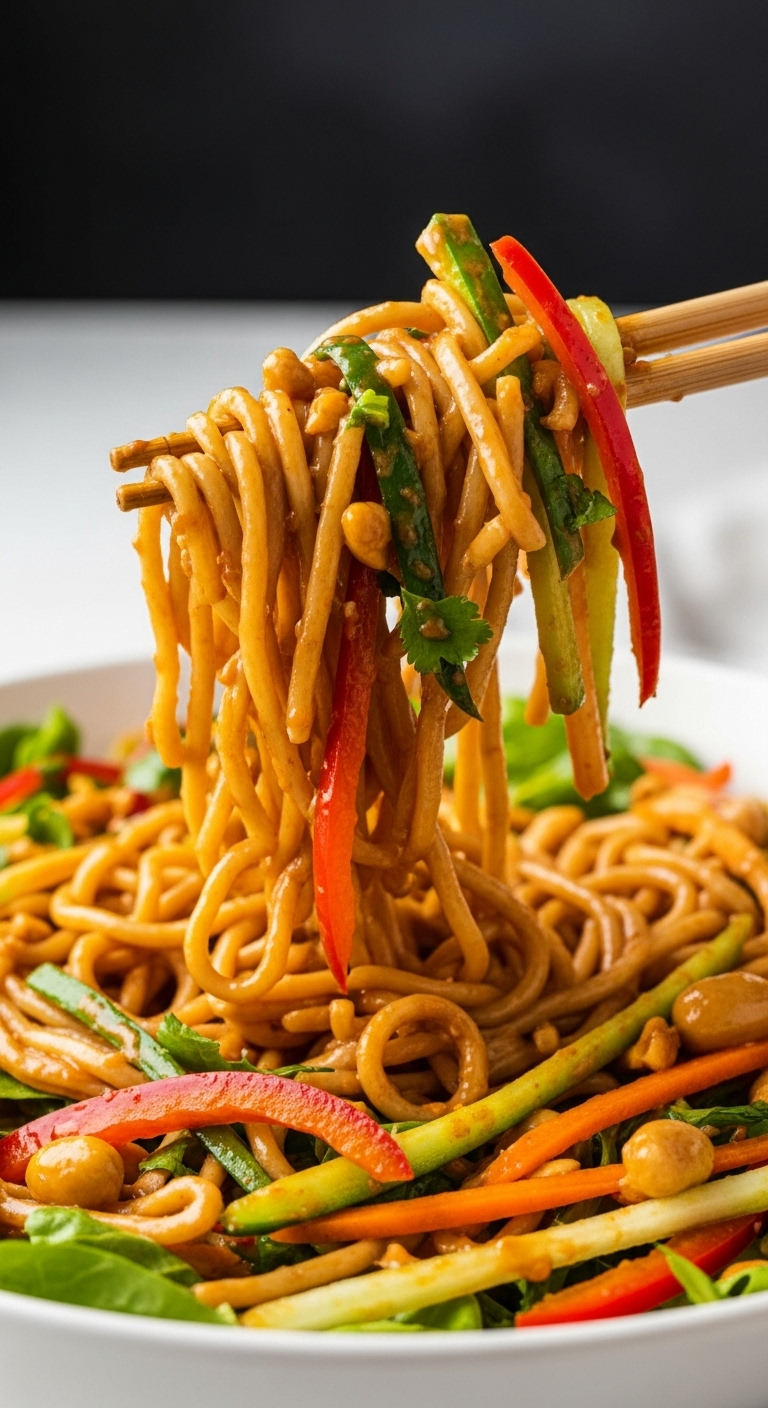Chopsticks Lifting A Glossy Bite Of Spicy Peanut Noodle Salad From A Deep Bowl, With Saucy Noodles And Colorful Strips Of Fresh Vegetables Highlighted In Vibrant, Energetic Lighting.
