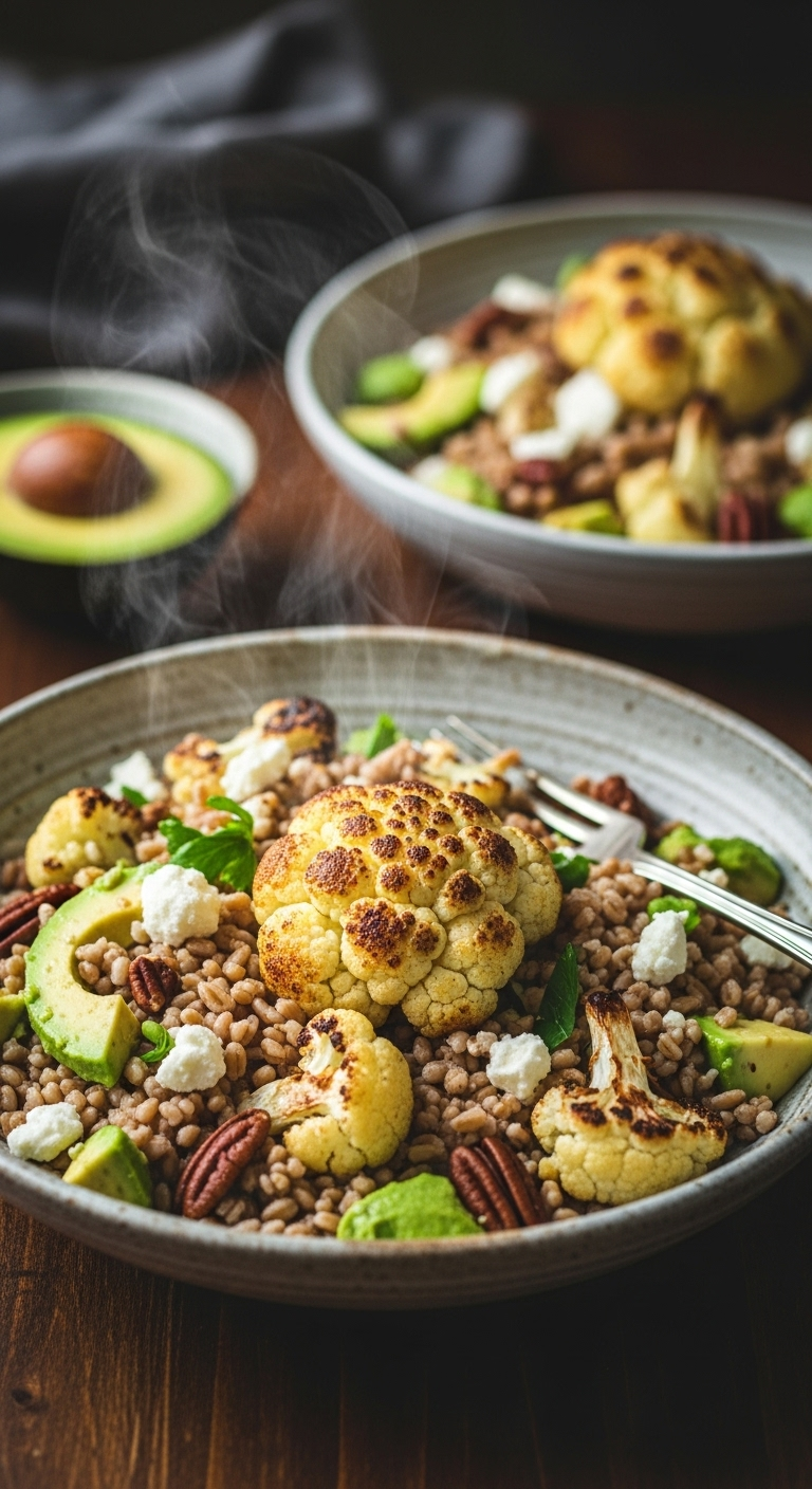 Warm Roasted Cauliflower And Farro Salad In A Rustic Ceramic Bowl With Avocado, Feta, And Pecans, Captured On A Dark Wood Table With Cozy Autumn Lighting And Subtle Steam Rising For A Hearty, Comforting Feel.