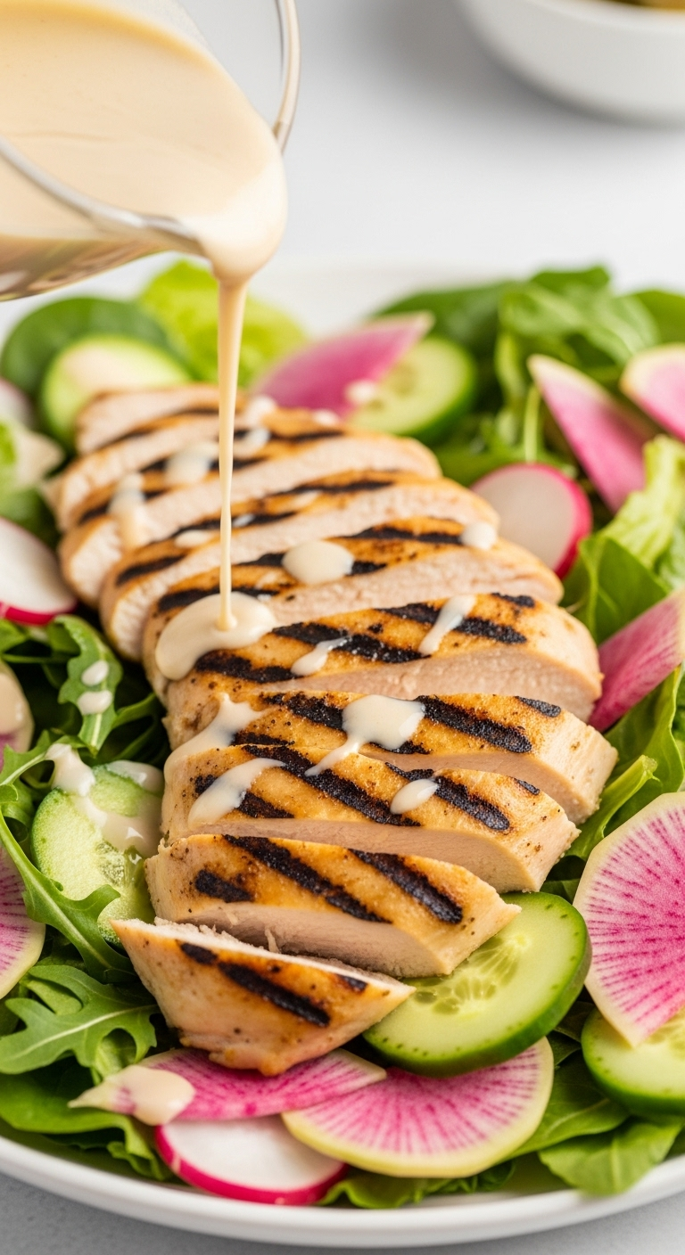 Close-Up Of Grilled Chicken Salad With Crisp Greens, Radish, And Golden-Brown Chicken Slices Topped With A Mid-Pour Drizzle Of Creamy Tahini Dressing, Captured In Bright, Clean Light For A Fresh And Healthy Vibe.