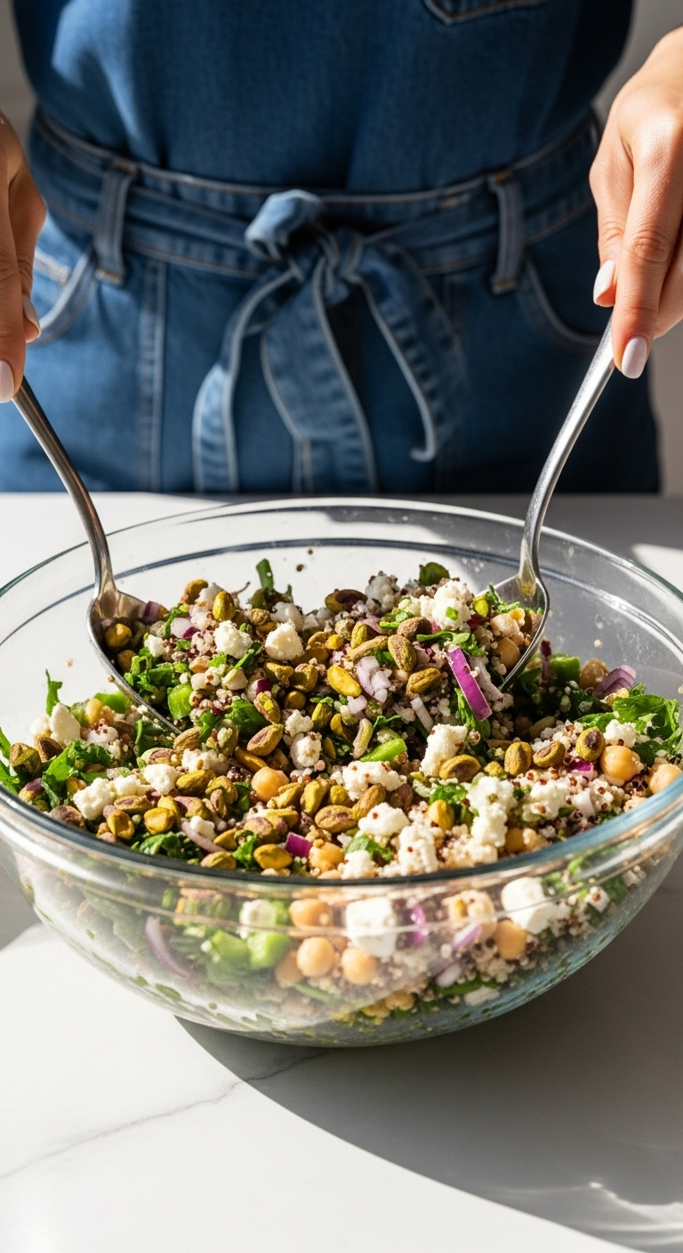 Sunlit Jennifer Aniston Salad In A Clear Glass Bowl With Chickpeas, Quinoa, Herbs, Pistachios, Red Onion, And Feta, Being Tossed By Manicured Hands Using Elegant Servers In A Fresh, California-Inspired Setting.