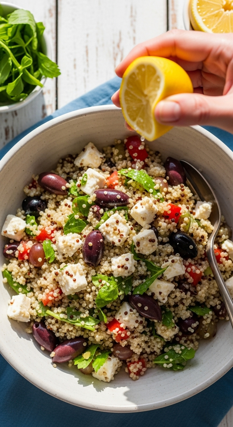 Mediterranean Grain Bowl With Feta, Olives, Grapes, And Herbs In A Ceramic Bowl, As A Hand Squeezes Fresh Lemon Juice Over The Top, Set On A Rustic White Wooden Table With A Blue Napkin Under Bright, Sunny Natural Light.