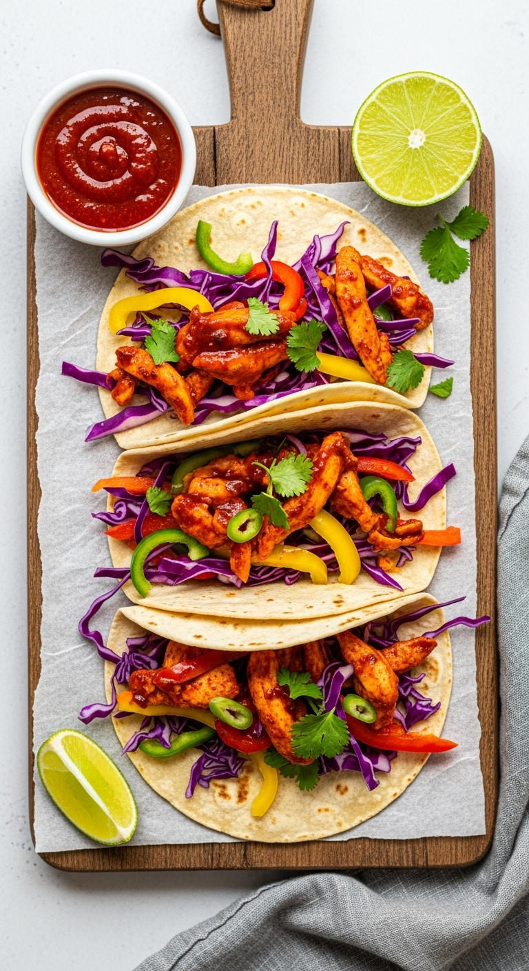 Three Sriracha Chicken Tacos Overflowing With Colorful Fillings Of Red Chicken, Purple Cabbage, Peppers, And Cilantro, Served On A Rustic Wooden Board With A Side Of Sriracha And A Lime Wedge.