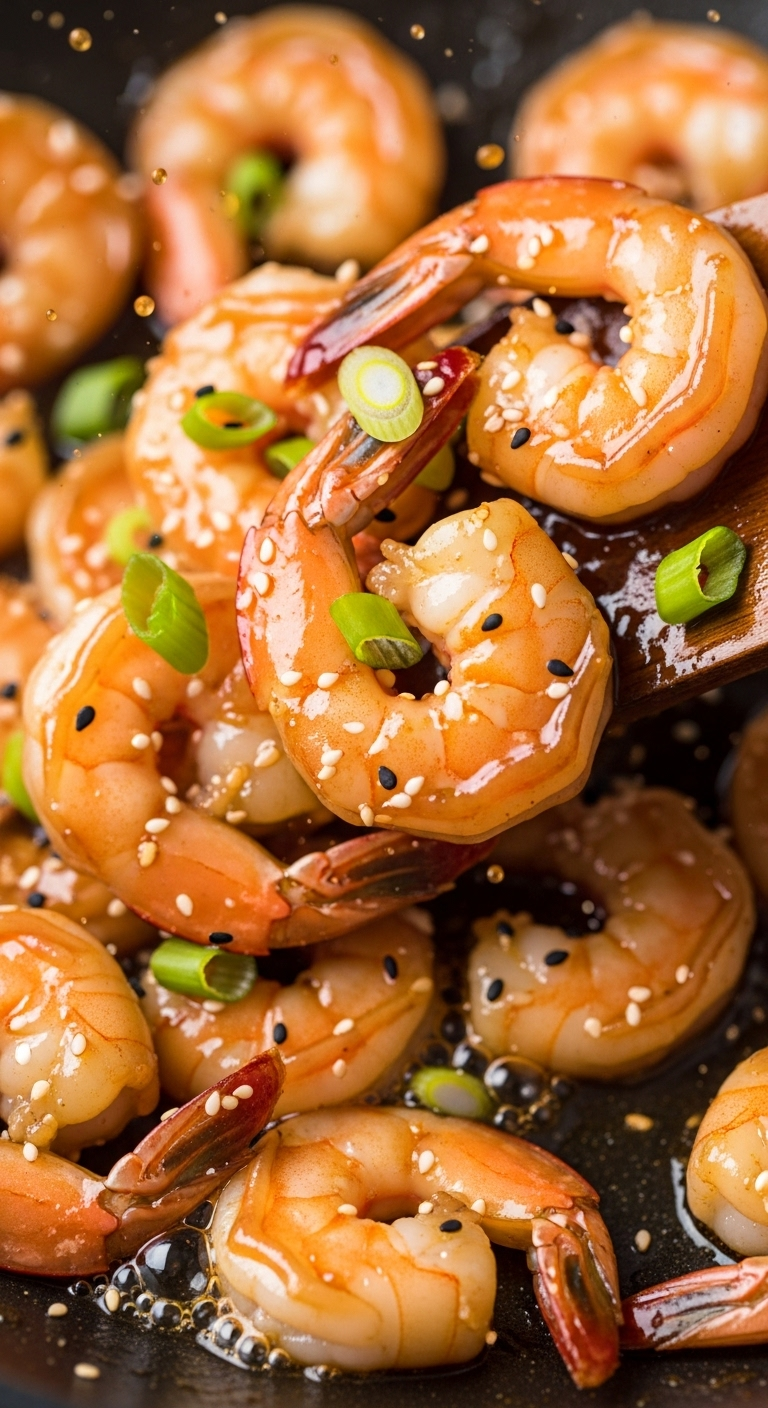 A Close-Up Shot Of Glossy Honey Garlic Shrimp Being Tossed In A Skillet, With The Shrimp Glistening In Thick Sauce, Garnished With Sesame Seeds And Sliced Green Onions, Creating An Irresistible, Dynamic Scene.