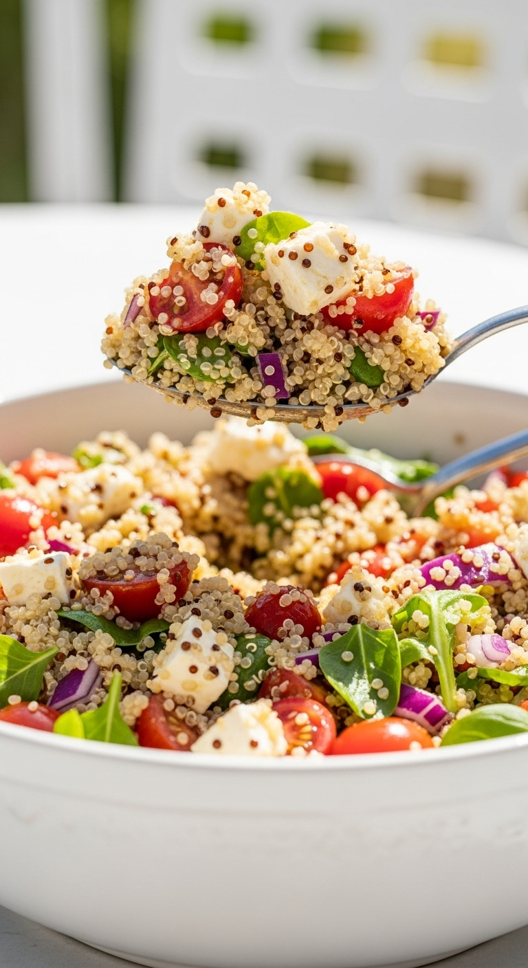 A Vibrant Quinoa Salad With Juicy Tomatoes, Chunks Of Feta, And Fresh Greens Served In A White Ceramic Bowl, With A Serving Spoon Lifting A Scoop, All Bathed In Bright, Sun-Drenched Light Suggesting A Mediterranean Patio Setting.
