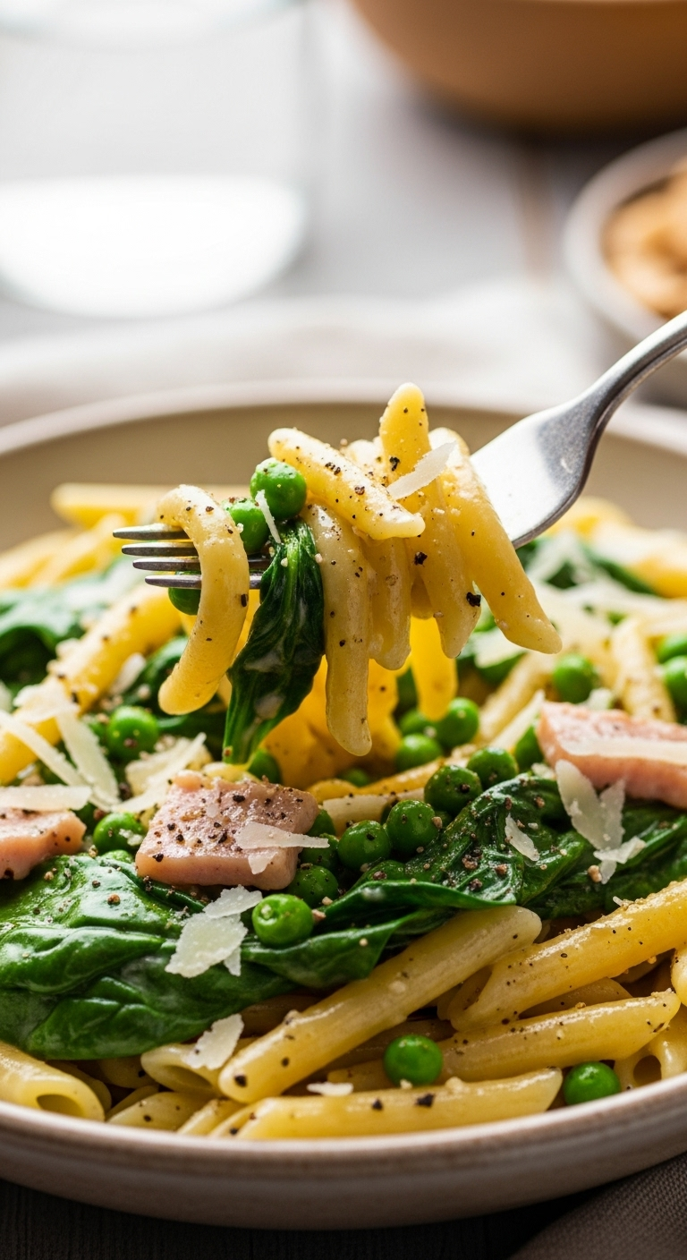 A Close-Up Of A Fork Twirling A Bite Of Creamy Carbonara Pasta, With Vibrant Green Peas, Wilted Spinach, And A Sprinkle Of Parmesan, All Coated In A Glossy Sauce, Served In A Rustic Bowl With Soft, Inviting Lighting.