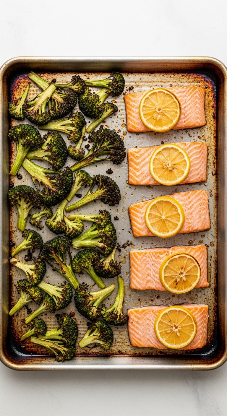 A Metal Sheet Pan With Perfectly Cooked Salmon Fillets Topped With Caramelized Lemon Slices, Paired With Crispy, Charred Broccoli Florets, All Bathed In Natural, Bright Lighting For A Healthy, Vibrant Meal.