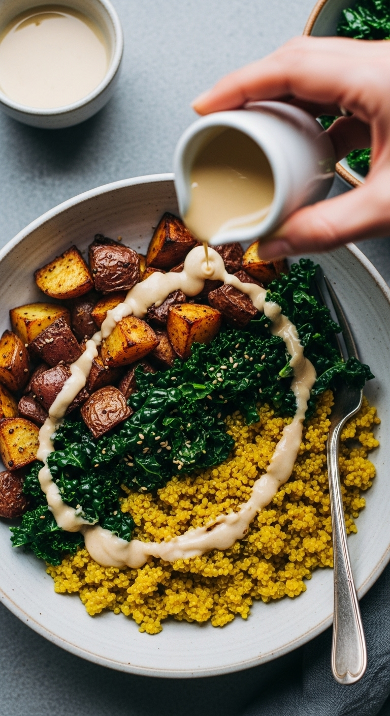 A Top-Down View Of A Ceramic Bowl Filled With Golden Turmeric Quinoa, Roasted Potatoes, Kale, And Creamy Tahini Dressing Being Drizzled Over The Top, Capturing A Nourishing And Vibrant Meal.