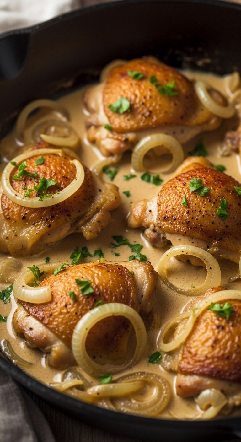 A Close-Up Shot Of Juicy Chicken Thighs In A Cast-Iron Skillet, Coated In Creamy Dijon Sauce With Softened Onions And Topped With Freshly Chopped Parsley, Evoking A Rustic And Comforting Homestyle Meal.