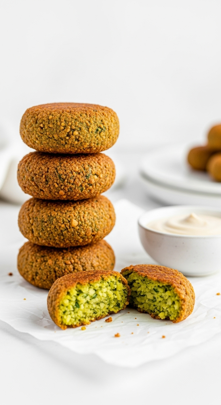 A Stack Of Golden, Crispy Baked Falafel With One Halved To Reveal Its Vibrant Green Interior, Served With A Small Bowl Of Creamy Tahini Sauce On Parchment Paper, Set Against A Clean White Background.