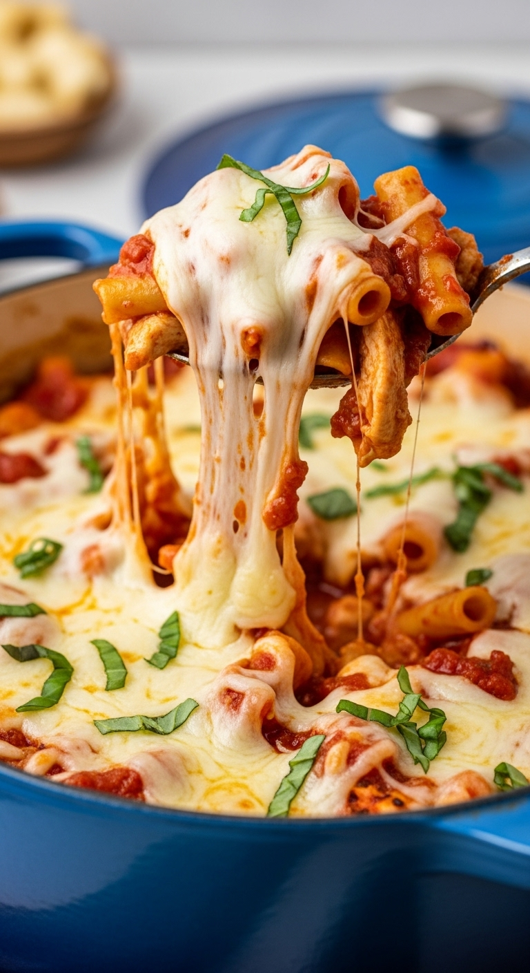 A Spoon Lifting A Cheesy, Stringy Bite Of Baked Ziti From A Blue Dutch Oven, With Layers Of Tomato Sauce, Melted Mozzarella, And Chicken, Garnished With Fresh Basil, Captured In A Warm, Inviting Glow.